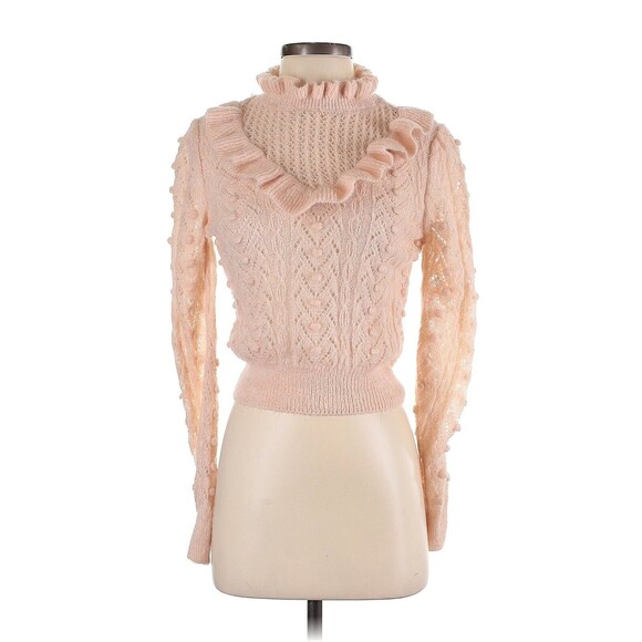 ZARA Pale Pink High Neck Pointelle Knit Sweater With Ruffle Trims - S - Picture 1 of 2